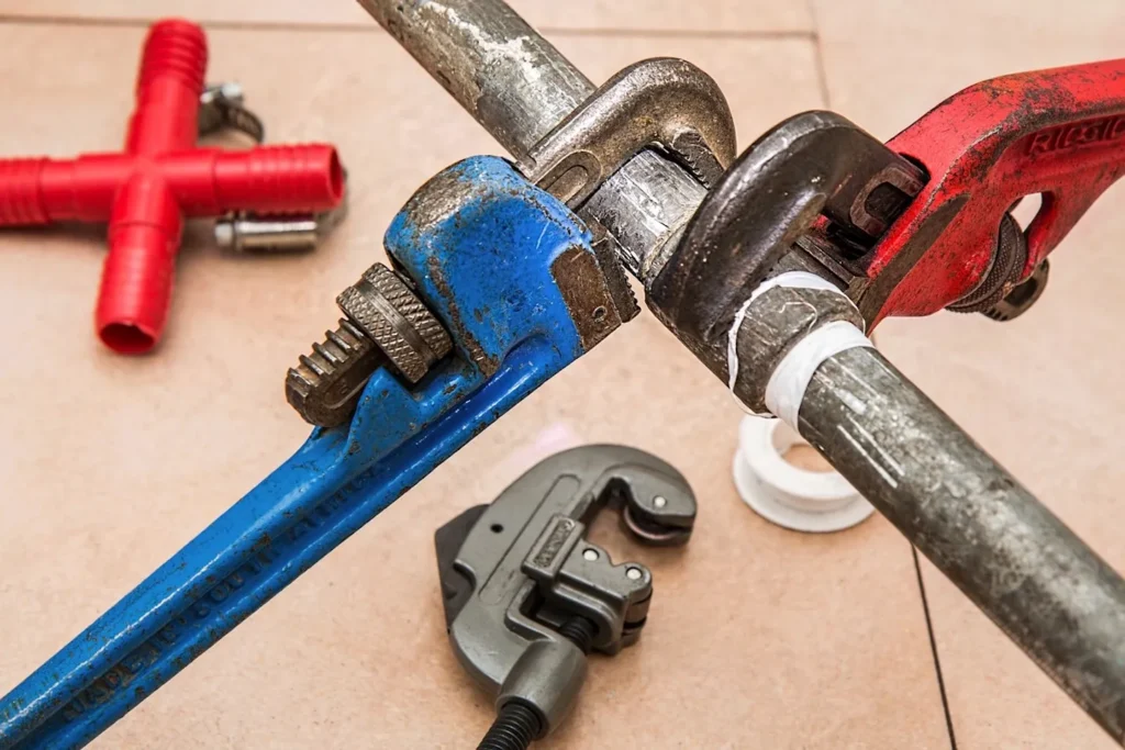 Two Pipe wrenches that are red and blue are twisting a pipe, with other tools laying around nearby.