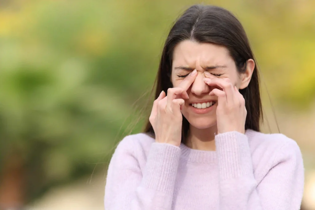 Person struggling with allergies in Austin is rubbing her itchy eyes,