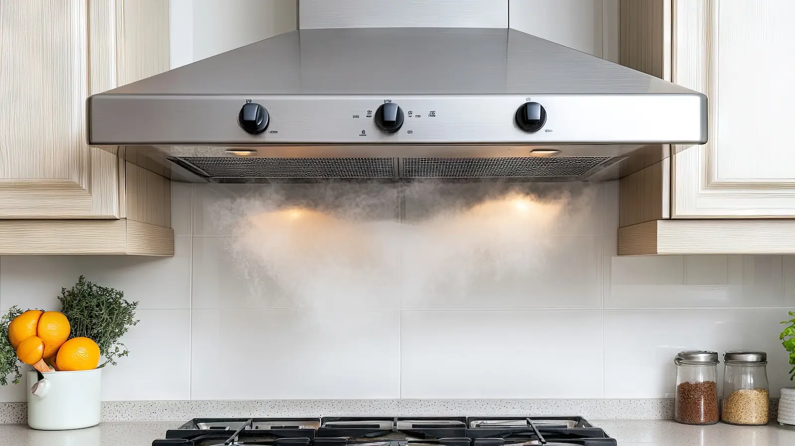 Vent hood removing steam from air in kitchen in Austin home.