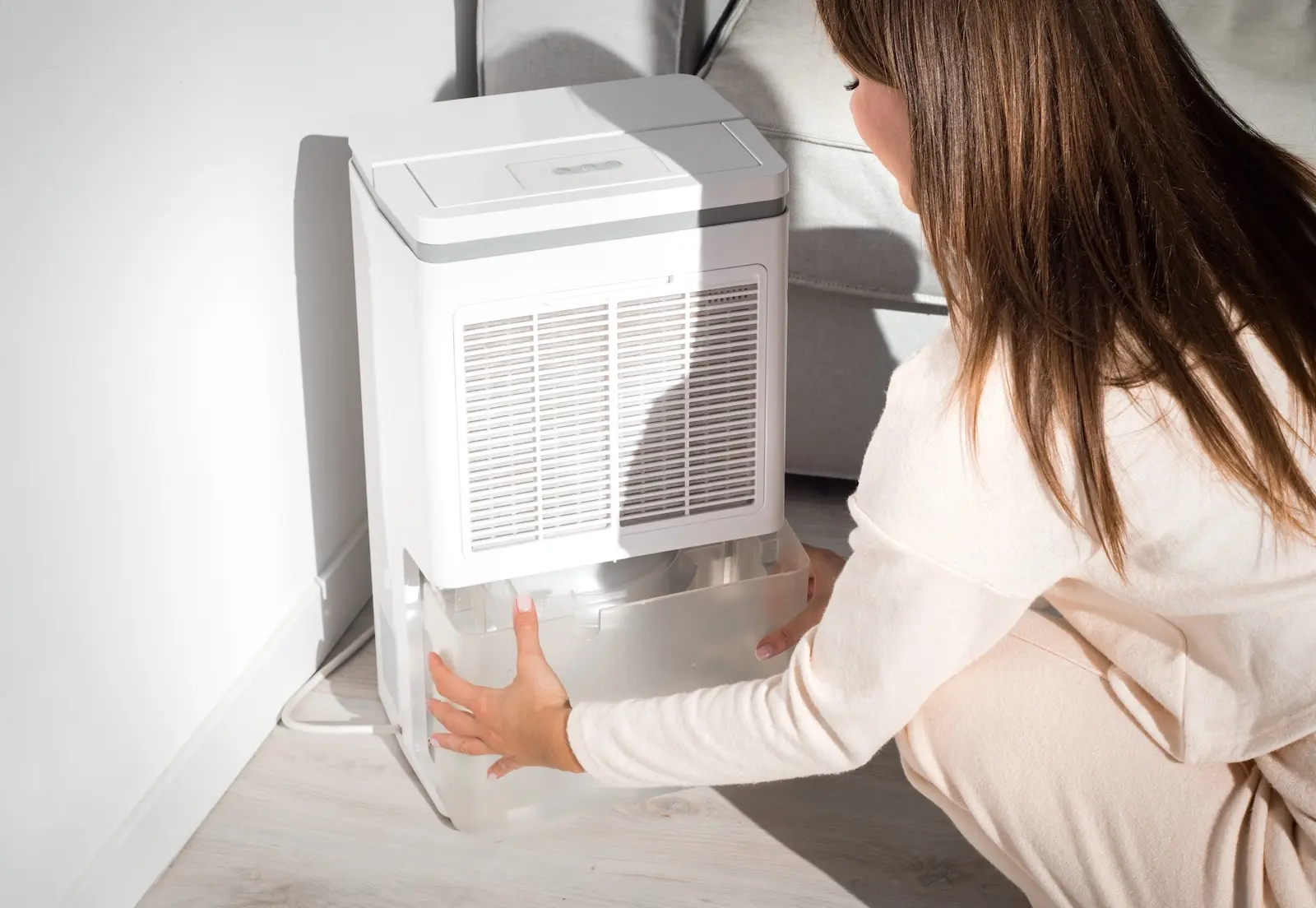  Woman removing water collecting section of in home humidifier.