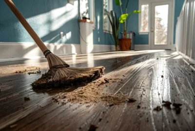 Austin homeowner using a broom to collect dust on a hardwood floor.