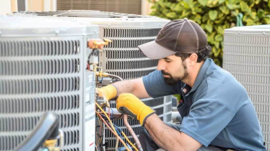 HVAC technician fixing outside AC unit that is not turning on.