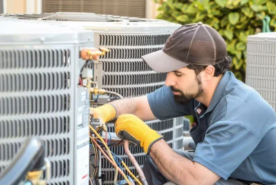 HVAC technician fixing outside AC unit that is not turning on.