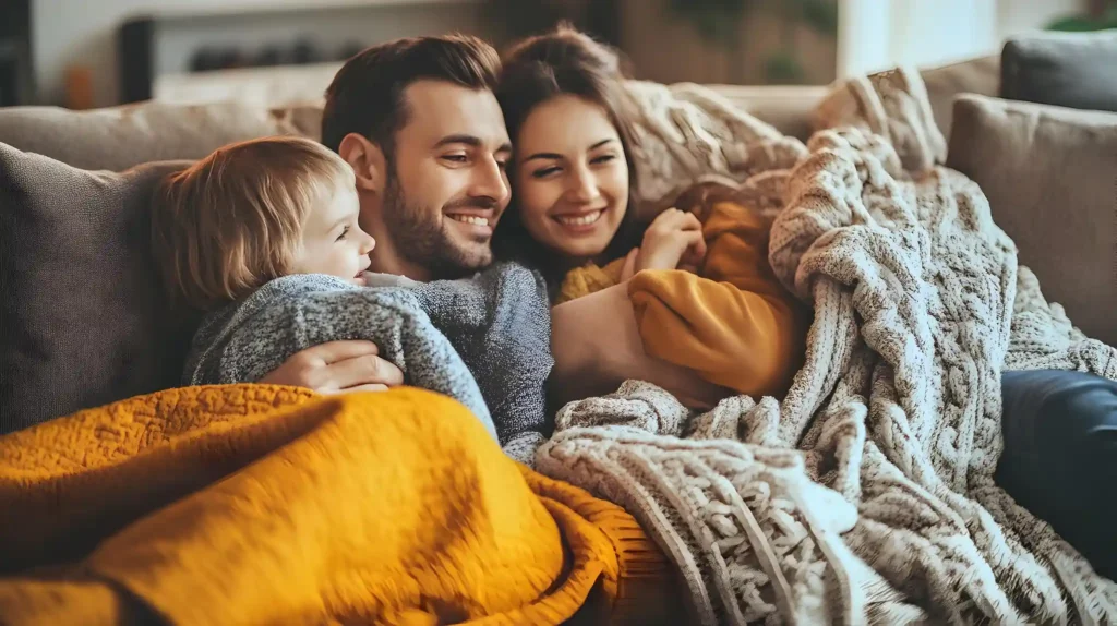 A cold west Austinite family staying warm on the couch under blankets.