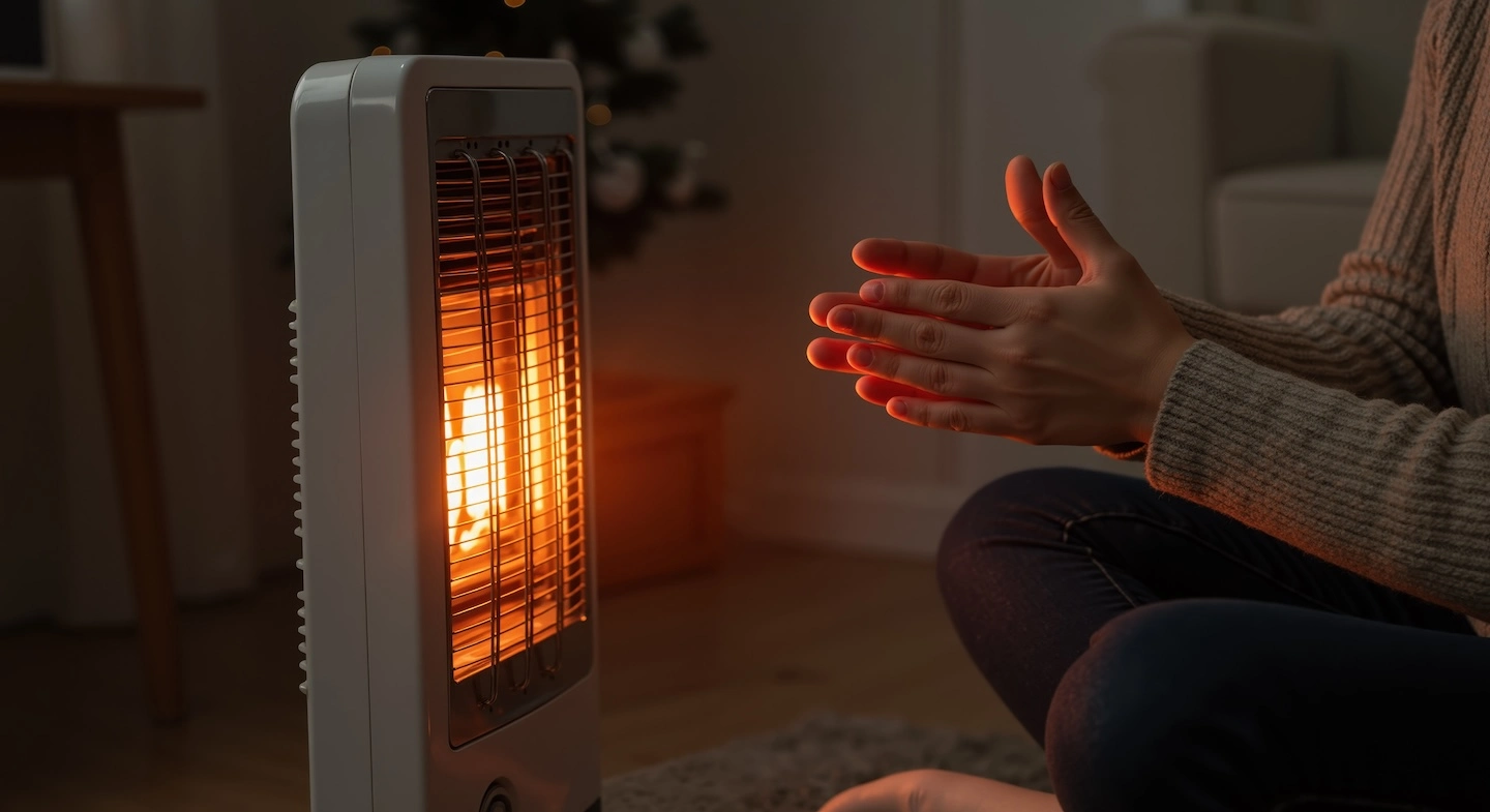 Homeowner warming themselves by a portable heater.