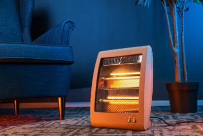 Portable heater warming a living room.