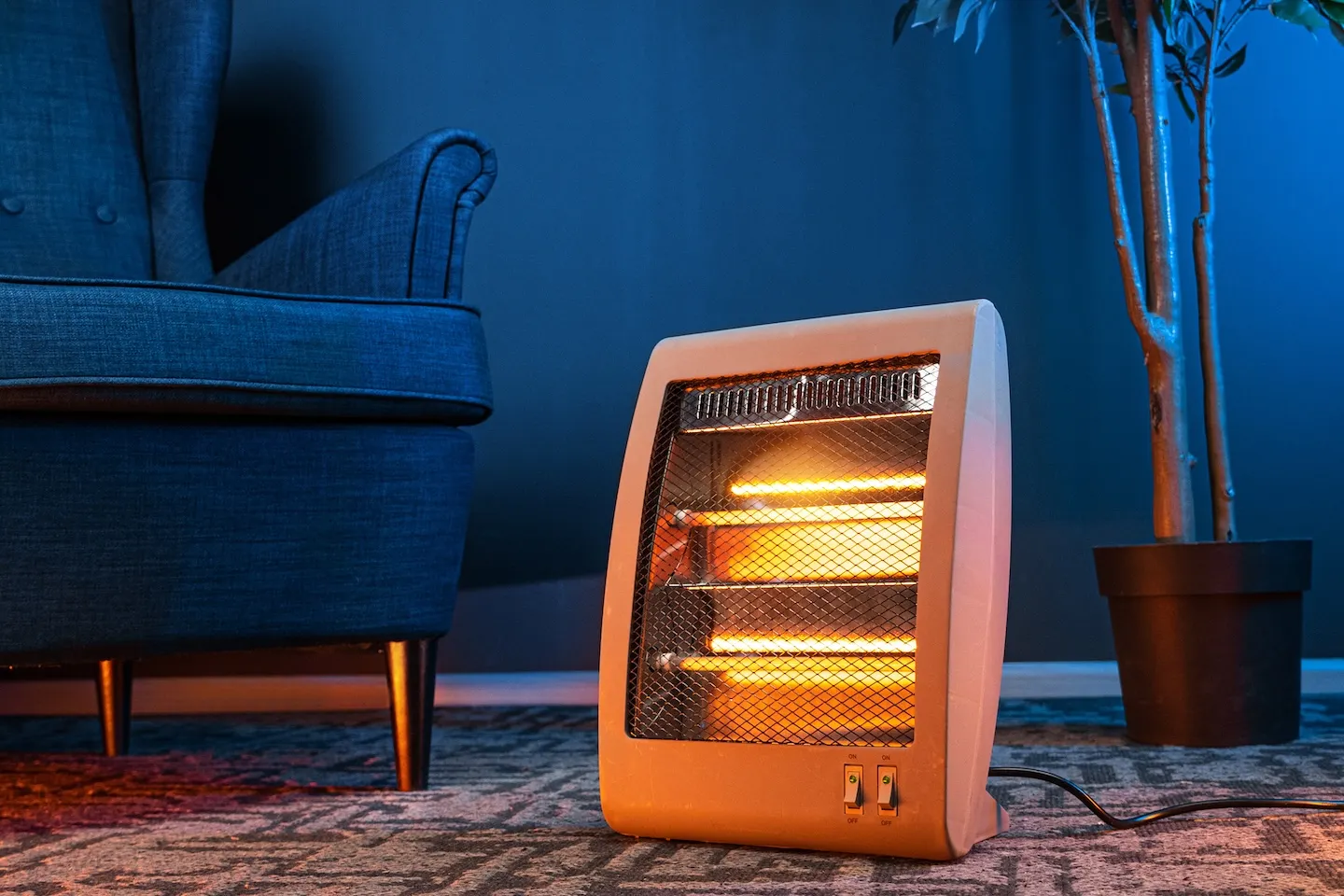 Portable heater warming a living room.