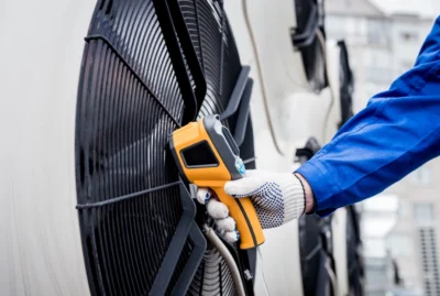 Technician using a temperature sensor to test a heat pump.