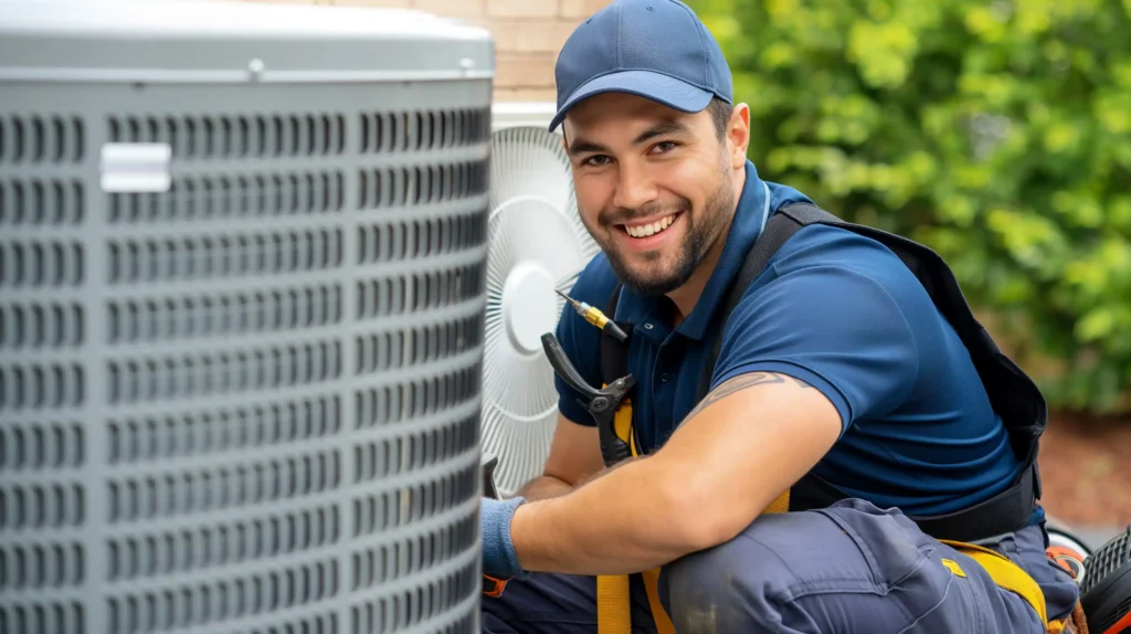 An Austin HVAC technician servicing an outdoor unit. 