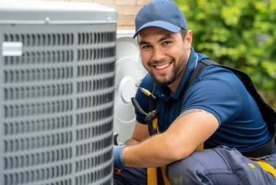 An Austin HVAC technician servicing an outdoor unit. 