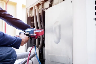 HVAC technician checking on an outdoor heat pump unit